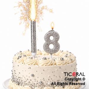 SET BENGALA Y VELA NUMERAL NUMERO 8 CON GIBRE PLATA